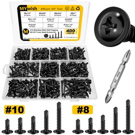 400Pcs Black Self Tapping Screws for Metal, 10 Sz #8#10 Length 1/2" to 1-1/4", Sheet Metal Screws for Metal Wood & Plastic, 410 Stainless Steel Self Drilling Screws, Black Oxide Truss Head by Mywish
