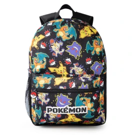 Pokémon Pikachu Charizard Gengar Meowth Backpack in Black | Kids Character All Over Print Bag | Adjustable Shoulder Straps, Front Pocket & Mesh Holder