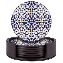 Set of 6 Round Leather Coasters with Holder for Bar, Drinks, Coffee (Portuguese Tiles Blue Pattern)