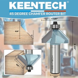 KEENTECH Router Bits, Carbide Tipped 45 Degree Chamfer Router Bit for Edge Forming, Industrial Grade Blue Cutting Tools for Woodworking (1/2 Inch Shank x 5/8 Inch Bevel x 5/8 Inch Depth, KT02031008)