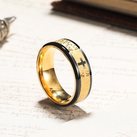 King Will Stainless Steel Men Ring 8mm Lord's Prayer Cross Ring Stainless Steel Men Wedding Ring, Gold/Silver/Black Wedding Band Bible Engraved Rings High Polished, Comfort Fit Size 12