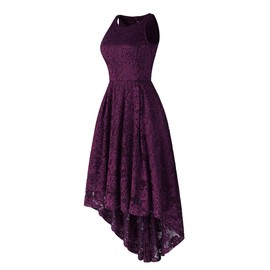 Womens Vintage Halter Floral Lace Hi-Lo Backless Bridesmaid Party Long Maxi Dress Sleeveless Casual A-Line Pleated Short Wedding Prom Retro 50s 60s Cocktail Formal Swing Dress Deep Purple X-Large
