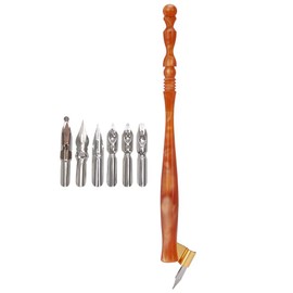 TEUOPIOE Calligraphy Oblique Nib Pen Point Holder, English Calligraphy Pen Nib Holder Antique Copperplate Script Handed Dip Pen & 6 Flat Nibs(Brown)