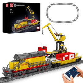 Mould King 12027 Diesel Locomotive Train Building Sets with a Semi-Trailers, Cranes, Remote/App Control Engineering Toy Kit, Scale Model with Trains Tracks for Adults Kids (1170 Pieces)
