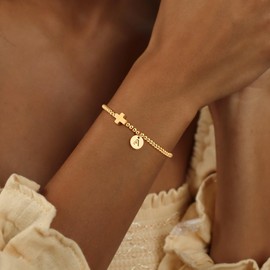 TINGN Gold Bracelet for Women, 14K Real Gold Plated Cross Bracelet Initial A Bracelets for Womens Adjustable Stacking Beaded Bracelets Jewellery Birthday Gift for Women Girls