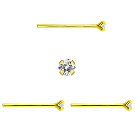 DENI 3 x Nose Studs Straight Stem Gold Tone Round Cubic Zirconia Stone Impressive Shine Very Small 1mm Thin Bar 0.6mm 10mm Largo Silver No Gemstone, Silver, No Gemstone