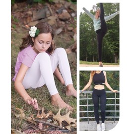 SKIDREAM Girls' Black Athletic Leggings with Pockets, White Ankle Length Yoga Pants for Kids