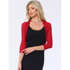 Allegra K Women's 3/4 Sleeve Sheer Mesh Shrug Open Front Cropped Bolero Cardigan Small Red
