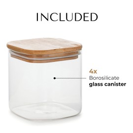 JS Gourmet 18.6oz Square Borosilicate Glass Canister With Bamboo Lid, Airtight Pantry Storage Jar Containers Ideal for Rice, Candy, Sugar, Flour, Nuts, Cookies and Coffee Beans (4 Pack)