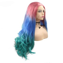 24" Long Pink Blue Green Ombre Colorful Synthetic Lace Front Wigs for Women Party Cosplay Heat Resistant Hair Holidays Wigs Natural Hairline Green Teal Wigs Drag Queen Middle Part