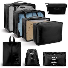 COMNICO 8 Set Packing Cubes Carry on Luggage Toiletry Bags Sturdy Suitcase Organizer for Cruise Ship Travel Essentials Accessories in 4 Size (Extra Large Large Medium Small), Black