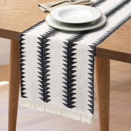 Betylifoy Macrame Table Runner 12x87 in Black and White Boho Striped Table Runners with Tassels Rustic Farmhouse Table Runner Hand Woven Cotton Fringe Table Runners for Kitchen Dining Table Home Decor