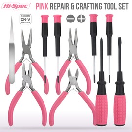 Hi-Spec 11pc Pink Womans Compact Crafts & Home DIY Repair Hand Tool Kit Set with Pliers, Cutters and Precision Screwdrivers for Ladies
