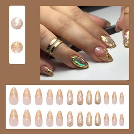 MouyouGlow Short False Nails, Almond 3D Gold Twill Glitter French Silver Film Aura Press on Nails with Nail Glue, Natural Gradient Sparkly Fake Nails