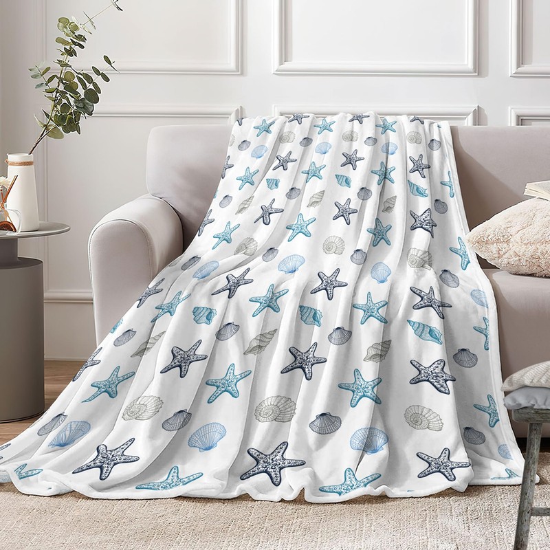 Ydbkt Coastal Ocean Beach Throw Blanket, Starfish Seashells Summer Fleece