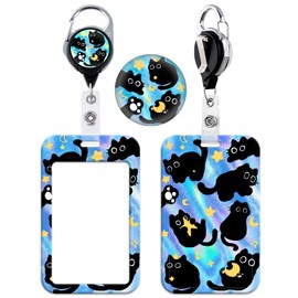 Retractable Badge Holder with Adorable Black Cat Print, Durable Card Sleeve and Clip for ID, Keys, Access Cards, Cute Card Holder for Kids, Teacher, Women