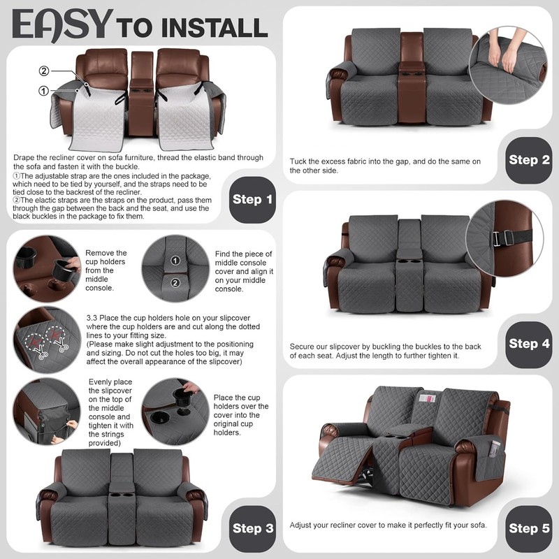 KinCam 100% Waterproof Recliner Loveseat Cover with Console, Non-Slip Reclining