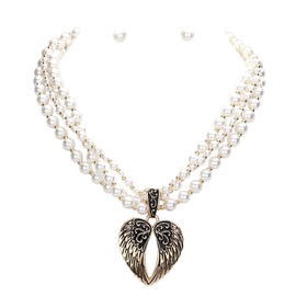 Generic Fashion Jewelry ~ Angel Wing Pendant and Multi Faux Pearl Chain Statement Necklace and Earrings Set for Women, Ivory, Goldtone