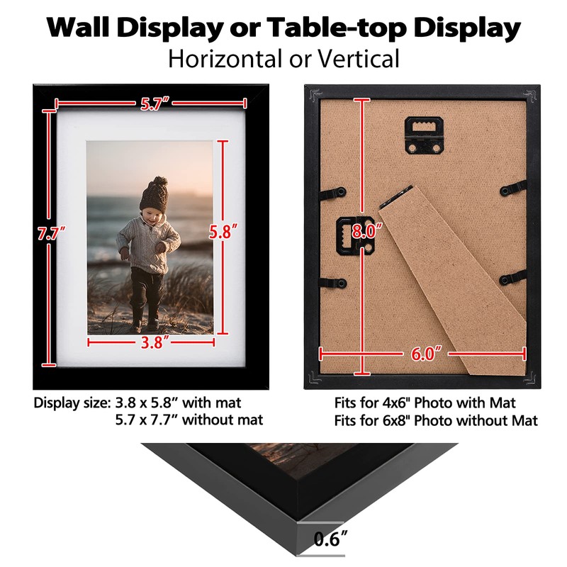 KINLINK 6x8 Picture Frame Black Set of 4, Wooden Photo