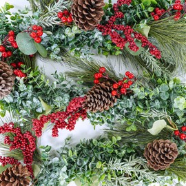 Winlyn 6' Long Artificial Eucalyptus and Pine Christmas Garland with Pine Cones Red Berries Pine Needles Winter Greenery Garland Christmas Season Holiday Wedding Table Runner Centerpiece Mantel Decor