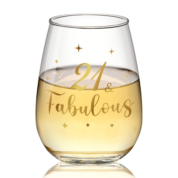 Joymaking 21th Birthday Gifts for Girls - 21 and Fabulous, Golden 21th Wine Glass Gifts for Birthday Decor Personalised Anniversary Presents for Friends Man Woman, 15 Oz…