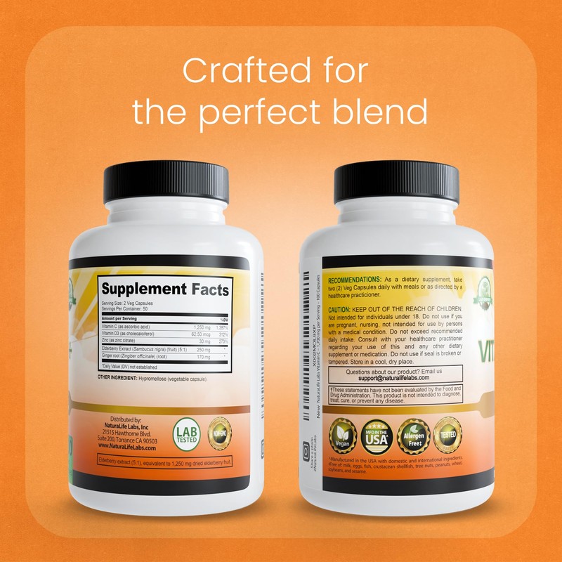 NaturaLife Labs Vitamin C with Vitamin D3, Zinc, Elderberry &