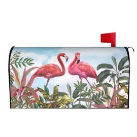 Oplp Pink Flamingos Waterproof Mail Cover Magnetic Mailbox Wraps Summer Tropical Leaves Post Letter Box Cover for Garden Home Decor 25.5x21 in