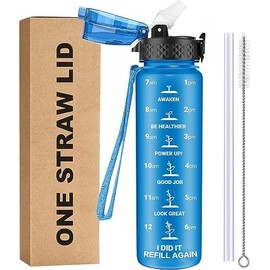 GOPPUS Kids Water Bottle with Straw Lid 10pcs Stickers 17 oz Leak-proof BPA Free Motivational Time Marker Tritan Plastic Water Bottles for Girls Boys School Sports 1 Lid Blue