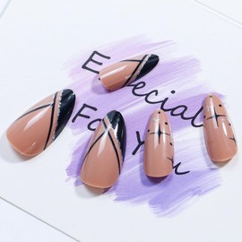 Black French Tip Press on Nails Medium Almond Fake Nails Glitter False Nails with Design Silver Line Glossy Full Cover Acrylic Glue on Nails Cute Artificial Stick on Nails for Women Manicure 24Pcs