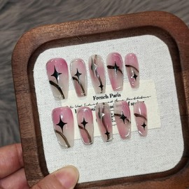 TENPAL Pink Ombre Silver Coffin Acrylic Nails,Handmade Press On Nails With Tools,Glossy Y2K Star Glitter Designs Glue on Nails,Cute Cool Retro Kawaii Kpop False Fake Nails for Women 10Pcs(S)