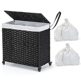 Giantex Laundry Hamper with Wheels and Lid, 125L Rattan Clothes Hamper with 2 Removable Liner Bags & Handle, 3-Section Foldable Laundry Sorter, Rolling Wicker Laundry Basket for Bathroom(Black)