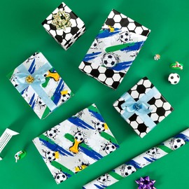 WERNNSAI Football Gift Wrapping Paper Roll - 1 Roll 17” x 33 ft Soccer Ball Wrapping Paper Sports Birthday Wrapping Paper for Boy Theme Party Decor Favor, White Reversible Soccer Grid Design