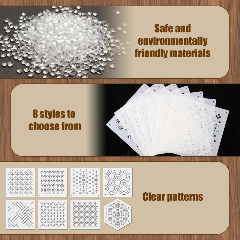 8pcs Plastic Sashiko Stencil, 8 Styles Geometric Embroidery Stabilizers White
