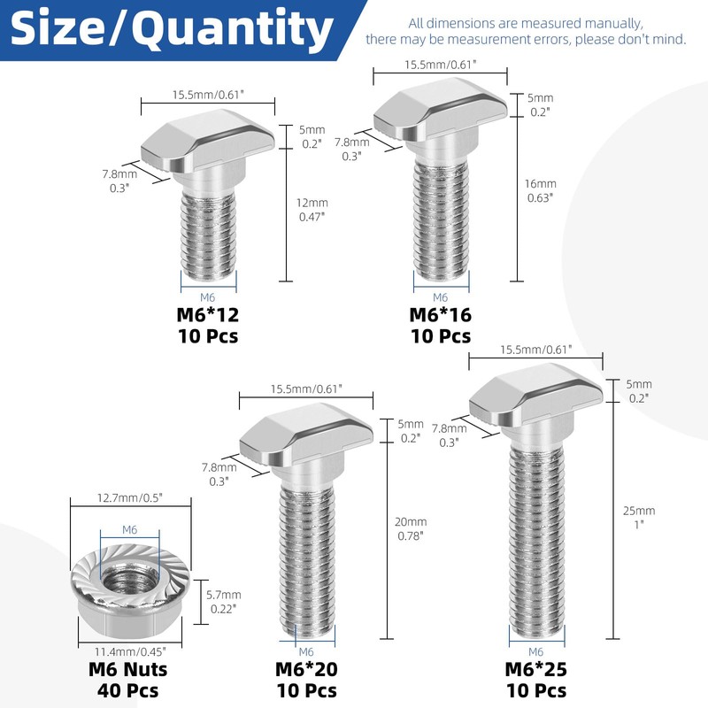 Glarks 80pcs M6 T Slot Drop-in Bolt with Hexagon Flange