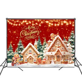 Mocsicka Christmas Gingerbread House Backdrop for Photography Red Xmas Christmas Party Decorations Gingerbread Winter Xmas Pine Trees Photo Background (Red, 7x5ft(82"x60"))