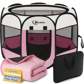 Siedihit Dog Cat Playpen, Puppy Pet Playpen Indoor for Small Dog Crate Tent Cage Outdoor, Portable Pop Up Dogs Enclosure Kennel with Carrying Case for Dogs/Cats/Rabbits(Pink, Small with pad)
