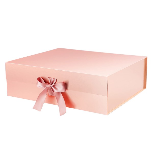ROSEGLD Extra Large Gift Box with Ribbon, Christmas Gift Box with Lid 16.3x14.2x5 Inches, Bridesmaid Proposal Box, Magnetic Gift Box for Presents (Glossy Rose Gold)