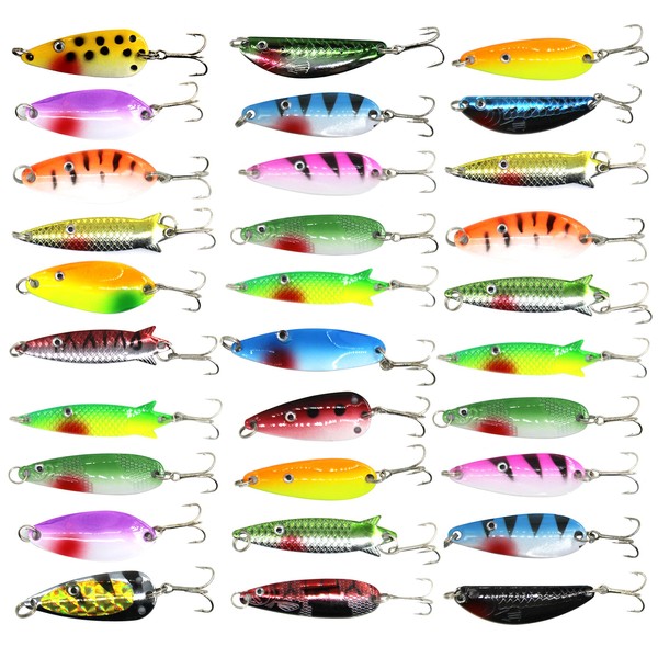 Shaddock Fishing Spoons Metal Lures, 30pcs Colorful Casting Fishing Spinner Baits Trout Trolling Spoon Fishing Lures Sharp Treble Hooks Tackle Kit