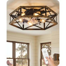 23" Farmhouse Flush Mount Ceiling Fan with Lights and Remote, 6 Light Sockets, Caged Low Profile Fandelier, 6 Speeds, Timer, Quite DC Motor, Bladeless Ceiling Fan, Black and Brushed Gold D03CF05