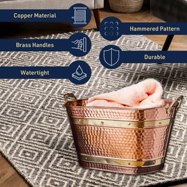 Copper Metal Tub with Sturdy Brass Handles - 25QT Heavy Duty Metal Basket for Indoor Firewood Storage, Laundry Basket, Living Room Storage and Farmhouse Decor by Kings County Tools