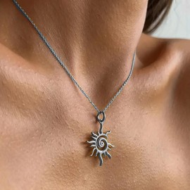 Cimenexe Bohemian Sunburst Choker Necklace Silver Sun Pendant Necklace Metal Spiral Sun Collar Necklace Rising Sun Chain Necklace Jewelry for Women
