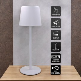 kabellose LED-Tischlampe LED Akku-Tischleuchte mit Touch-Schalter, dimmbar kabellos tragbar, Leselampe Nachttischlampe für Wohnzimmer, Schlafzimmer, Schreibtisch, Lesen (Weiß - Fuß rund - 26 cm)