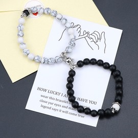 LUOKIFUR Heart Magnetic Bracelet for Couples, Adjustable Pearl Magnetic Bracelet, Women, Matte Stone Bracelets for Girlfriend, Boyfriend, Lover, Gift, Metal