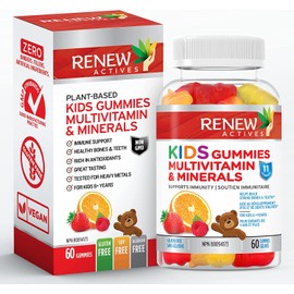 Renew Actives RENEW ACTIVES Kids Multivitamin 4 Gummies per Serving C Supports Health, Hair, Skin, Nails, Eyesight, Strong Bones, Teeth & Gums C Tasty & Nutrient-Rich for Growing Kids C Made in Canada C 60 Gummies
