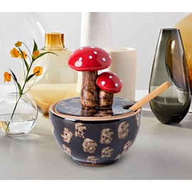 Brown Ceramic Mushroom Salt Cellar With Lid and Bamboo Spoon