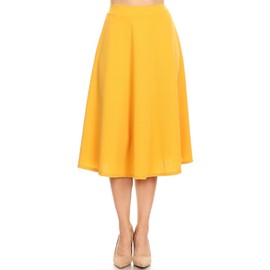 HEO CLOTHING Casual High Waist A-Line Midi Skirt with Elastic Waistband Mustard M