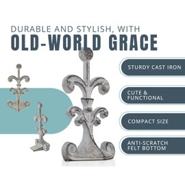 Comfify Fleur De Lis Cast Iron Door Stop – One Decorative Wedge with Felt Bottom – Rustic White Antique Finish – 4" x 3.5" x 7.75"