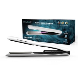Revamp Progloss Ion Shine Ceramic Straightener with Ion Technology for Frizz-Free Results Enriched with Progloss Smooth Keratin, Argan and Coconut Oil, Various Heat Levels, White