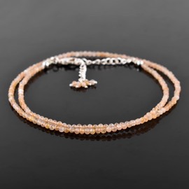 QNAVIC Natural Golden Sheen Moonstone Gemstone Micro Round Beads Dainty Choker Necklace Jewelry for Women Healing Chakra Crystals June Birthstone Gift for Her Silver Plated Chain 18 inch