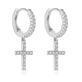 Dainty Huggie Hoop Dangle Earrings for Women, Small Hypoallergenic Hoop Earring with Charm Cross Earrings, Sterling Silver CZ Huggie Drop Earrings for Teen Girls (Cross-Silver)